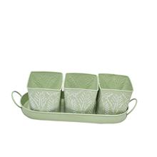 Bloempot set 3 metaal pastelgroen reliëfblaadjes